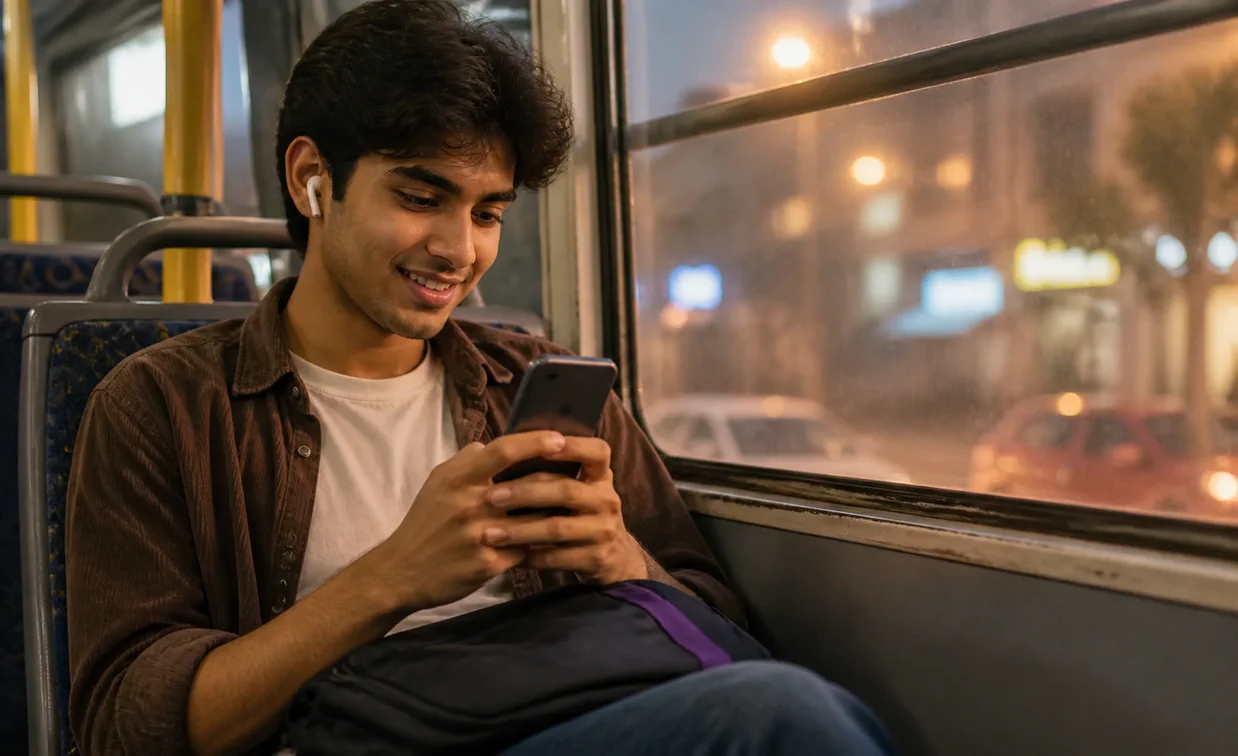 A student on an evening bus playing a TalkDrill word game on his phone