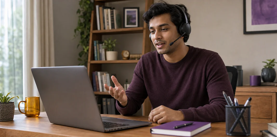 Indian professional practicing spoken English with a headset